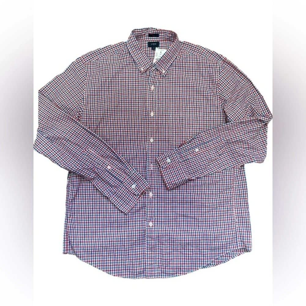 J. Crew Men's Slim Fit Woven Button Shirt Cotton Red Blue Plaid Check XL 06134